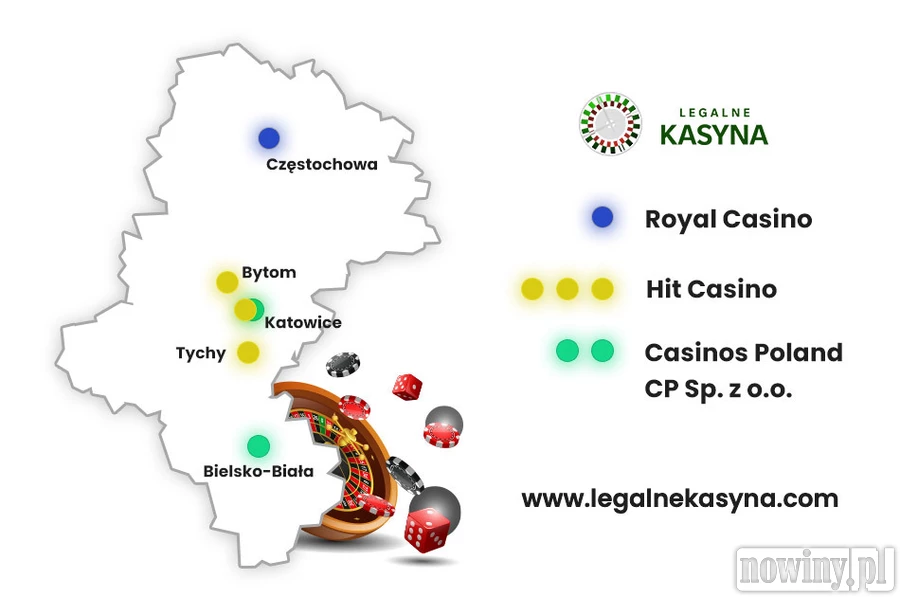 Mapa lokalizacji kasyn w województwie Śląskim