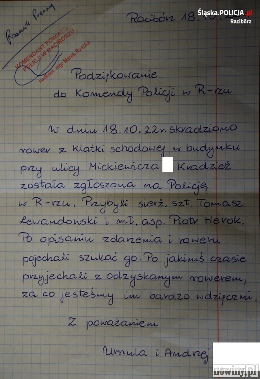 Podziękowanie, jakie przekazali właściciele odzyskanego roweru / fot. KPP Racibórz