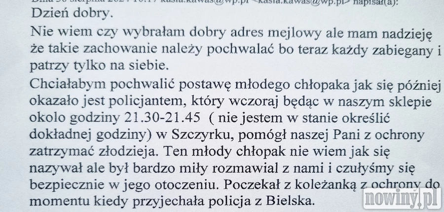 Treść podziękowań, jakie Pani Katarzyna przesłała do rybnickiej komendy.