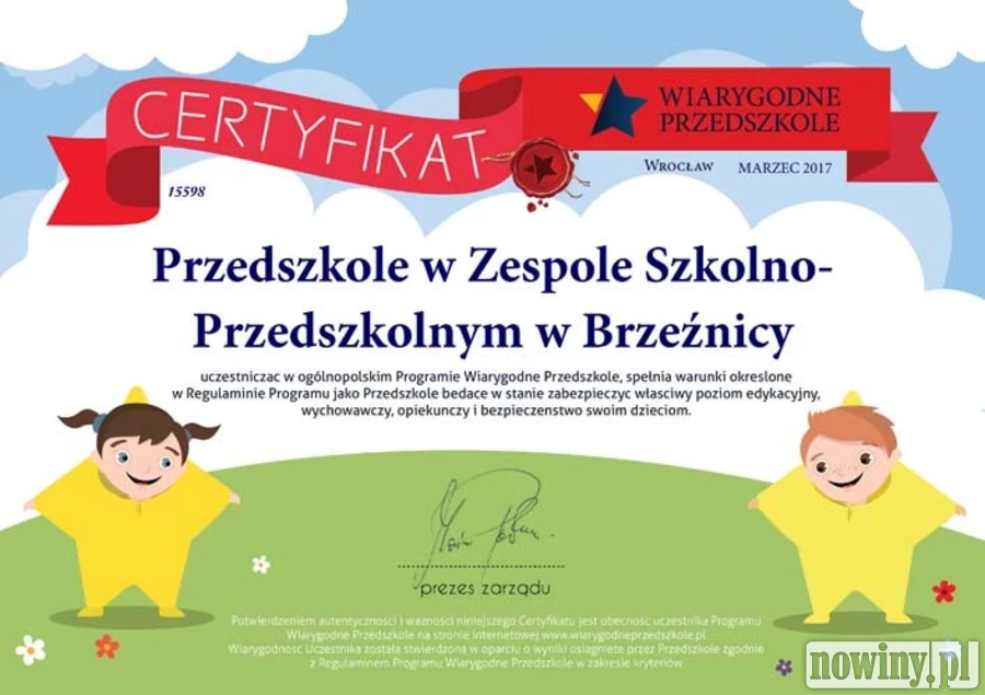 Wiarygodne Przedszkole - certyfikat dla Brzeźnicy
