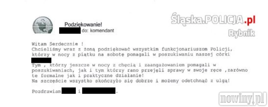 Rodzice zaginionej nastolatki dziękują policji