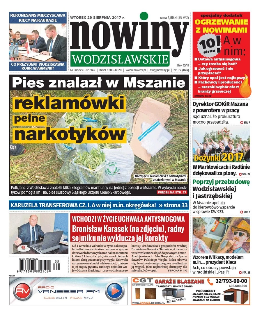 Nowiny Wodzisławskie o reklamówkach pełnych narkotyków, znalezionych w Mszanie